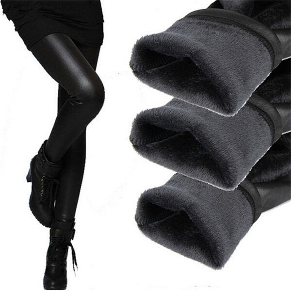 YSDNCHI Winter Leder Leggings Frauen Hosen Elastische Hohe Taille Warme Leggin Dicke Samt Schwarz Push Up 211204