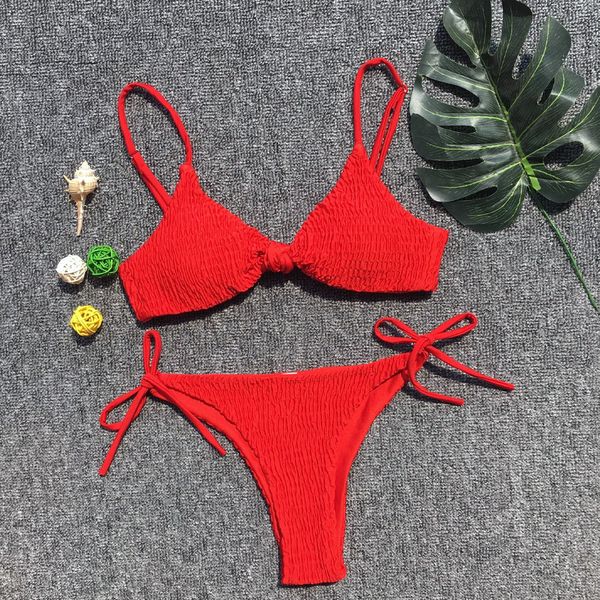 

2021 red padded wrinkled bikini female swimsuit women swimwear two-pieces bikini set bather bathing suit swim lady k2243