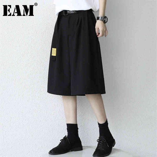 

[eam] high elastic waist black wide leg pleated trousers loose fit pants women fashion spring summer 1dd7336 210512, Black;white