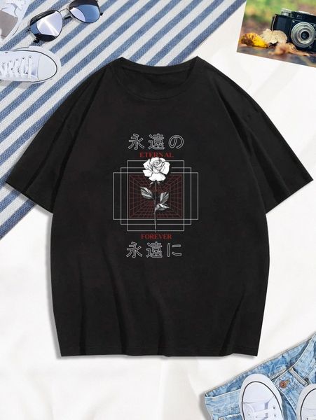 

extended sizes men japanese letter & floral print tee c6qu#, White;black