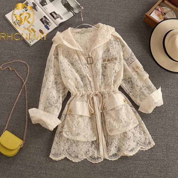 

women's jackets european style loose long lace jacket women 2021 summer drawstring waist embroidered hollow zipper casual coat with hoo, Black;brown