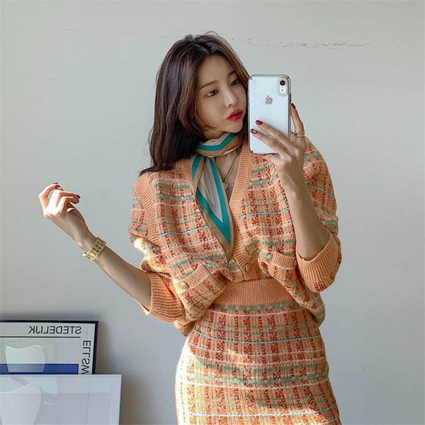 

skirts autumn all-female plaid shirt loose knitting cardigans + skirt all female femme 2 pi ces, Black
