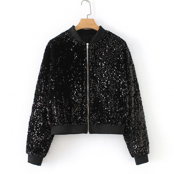 

women's jackets black sequin jacket women casual female long sleeve zipper velvet bomber sparky baseball uniiform mt4635, Black;brown