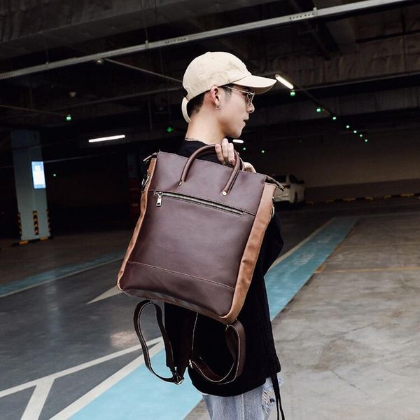 

wholesale men handbag retro crazy horse leather backpack street trend contrast color mens backpacks academic leathers student bag