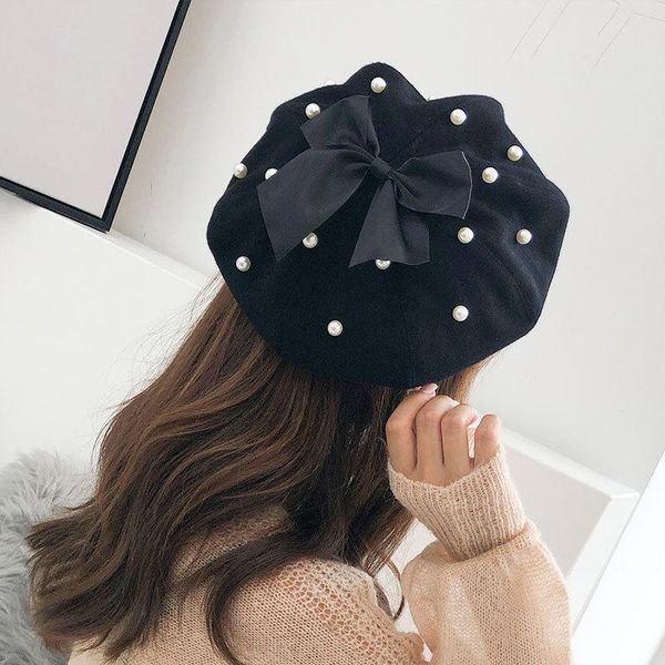 

berets pearl bow women winter wool cap vintage cashmere female adjustable hats girls flat caps lady fashion accessories gorros, Blue;gray