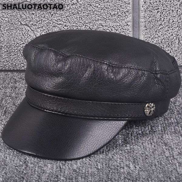 

berets shaluotaotao autumn winter women quality genuine leather hat fashion sheepskin military hats elegant ladies brands flat cap, Blue;gray