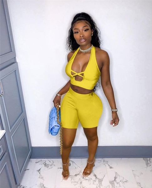 

summer streetwear bodycon 2 womens tracksuits piece sets outfits backless sleeveless hollow out halter tank crop biker shorts, Gray