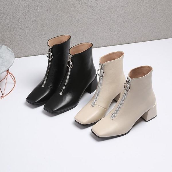 

boots mljuese 2021 women ankle cow leather square toe zippers autumn spring soft female high heels party dress, Black