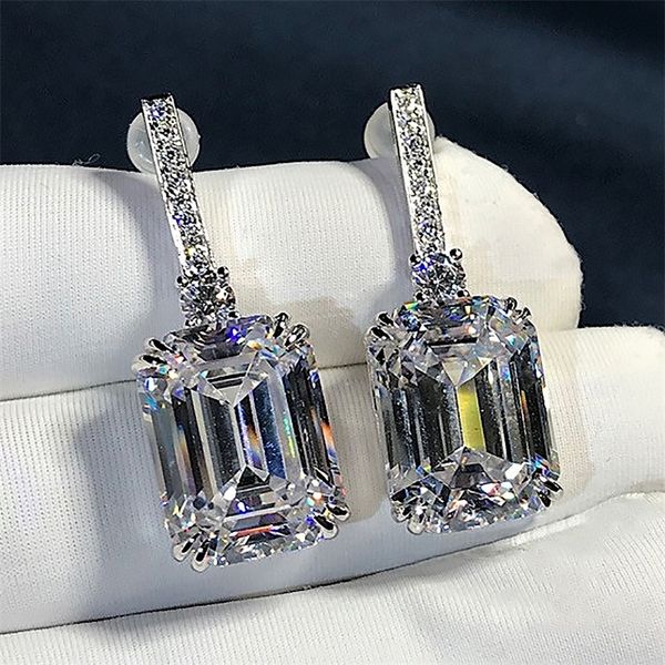 Luxo esmeralda cortado 3ct laboratório diamante dangle brinco 925 esterlina prata jóias partido casamento cair brincos para mulheres nupcial 210317