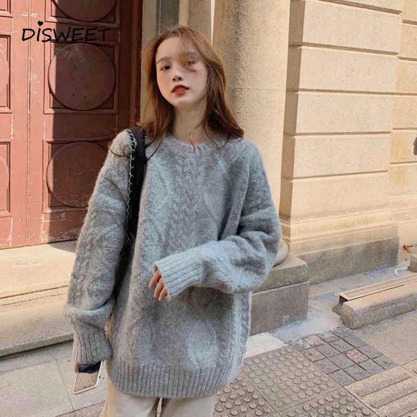 

knits solid knitted woman korean long sleeve loose o-neck women's sweater simplicity slim warm pullover women, White