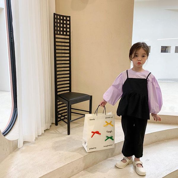 

spring children's wear 3-piece set of japanese and korean style bubble sleeve + sling pants 2-71 clothing sets, White