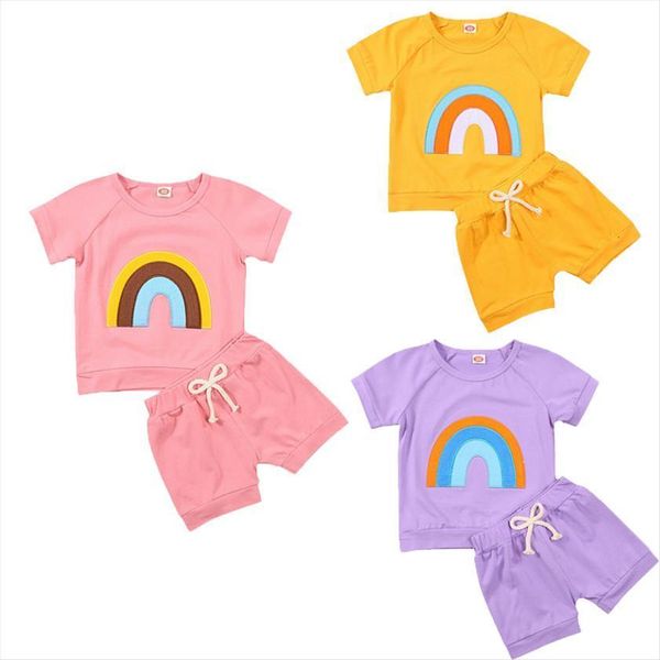 

0 5y summer kids girls rainbow clothes sets printed short sleeve pullover t shirts shorts 2pcs, White
