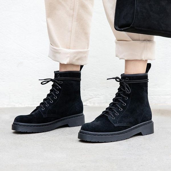 

boots eshtonshero shoes woman women ankle square low heels cow leather/kid suede lace up ladies motorcycle riding size 3-9, Black