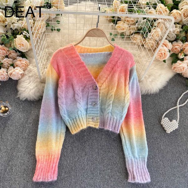 Deates Primavera Outono Chegadas Mulheres Moda Temperamento Curto All-Match Rainbow Listrado Cardigan Sweater ML752 210709