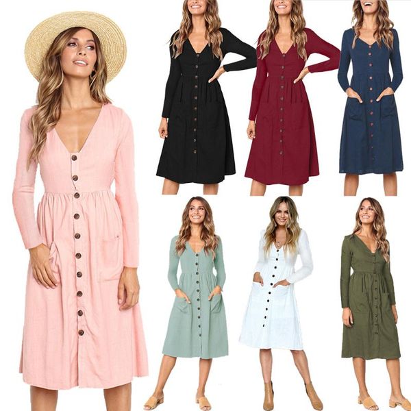 

pink blue a line casual dresses women summer dress 2021 beach vintage for ladies v neck pocket button midi sundress female, Black;gray
