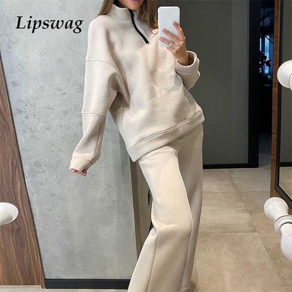 

autumn winter women 2 pieces set casual turtleneck pullovers pants suit harajuku loose zipper sweatshirt + trousers female sets 211126, White