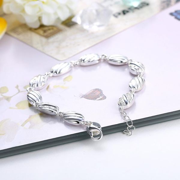 

link, chain full solid flat bean with crystal stone beads link charms bracelet for women fine jewelry 925 silver, Black