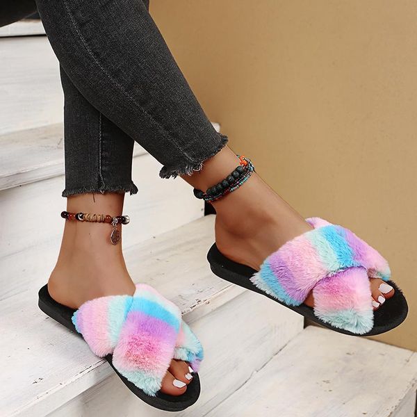 

slippers 2021 fashion cross fur winter warm home indoor slides for bedroom furry fulffy outdoor shoes women, Black