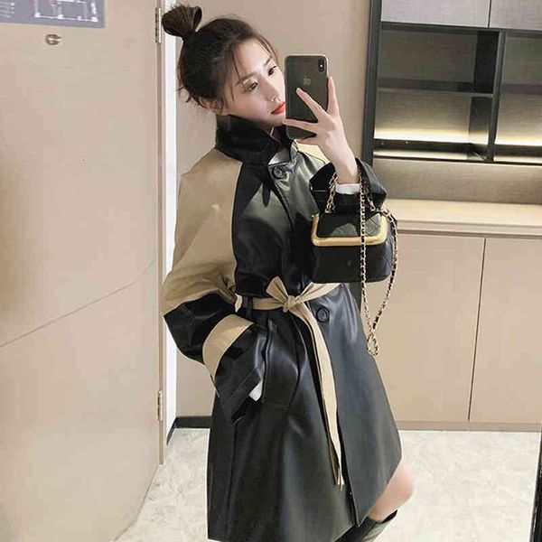 

women's leather & faux retro contrast french style shredded color spring nice female motorcycle jacket with fake leather short raincoat, Black