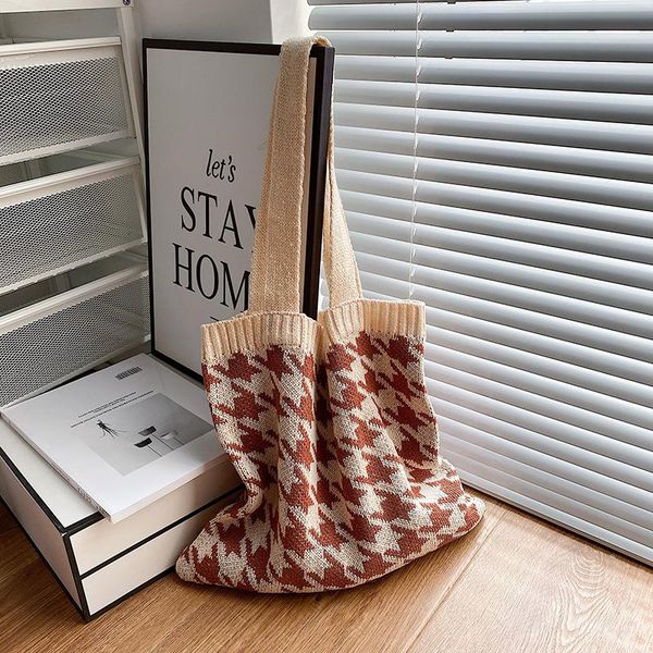 

evening bags leftside plaid wool knitted shoulder high capacity bag for women vintage fashion cotton cloth girls tote large female