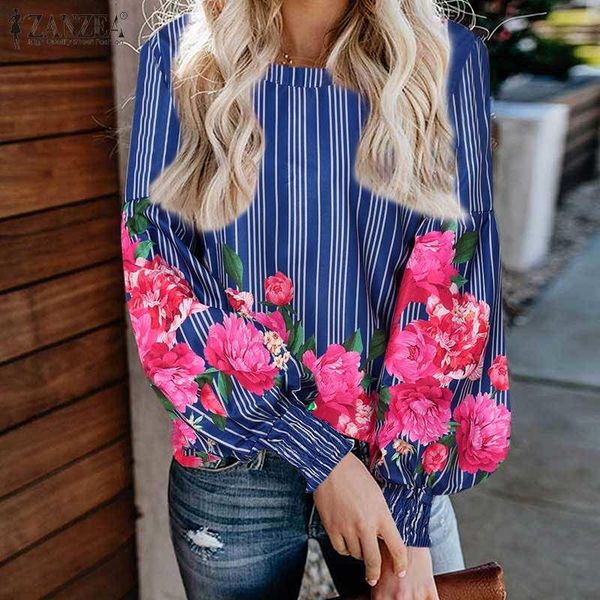

women's blouses & shirts stylish women o neck long puff sleeve blouse bohemian printed shirt autumn floral elastic cuff chemise holid, White
