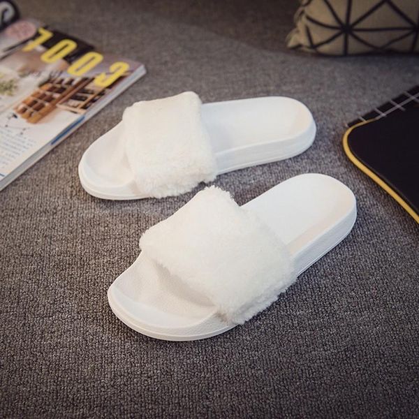 

slippers 2021 women fashion spring summer autumn plush faux fur slides flip flops flat shoes ja0070, Black