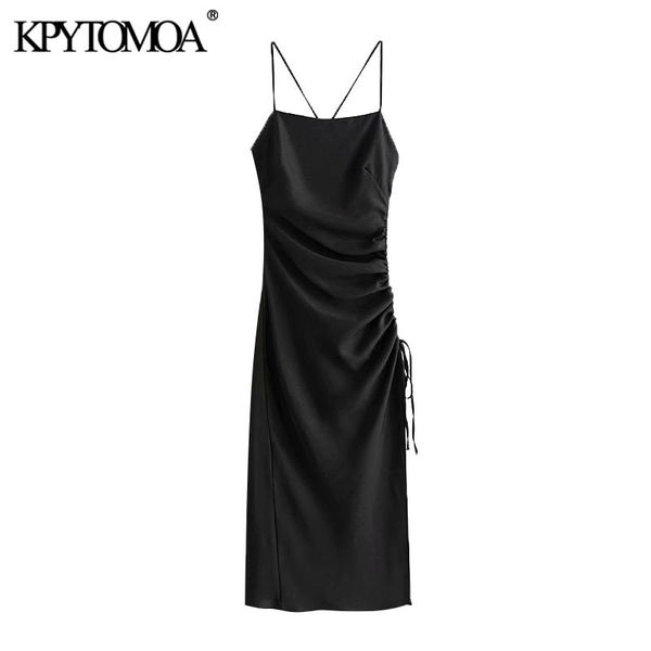 

adjustable draped kpytomoa fashion women detail with 2021 tie chic midi dress vintage backless side zipper straps female dresses, Black;gray