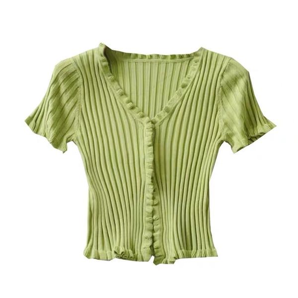 

women's t-shirt xuanhao retro fuguns knitted women t shirts summer 2021 v-neck short sleeve tees korean single breasted ladies, White