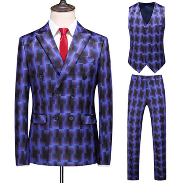 

men's suits & blazers (jackets+vest+pants) arrivals men slim fit double breasted prom plaid tuxedos casual business for wedding 3 pcs 5, White;black