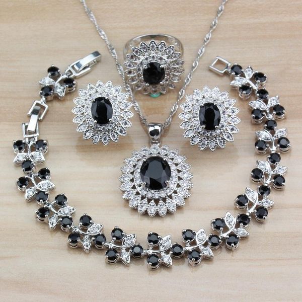 

wedding jewelry sets 925 sterling silver big black zircon crystal clip earrings/necklace/bracelet/ring for women fashion costume, Slivery;golden