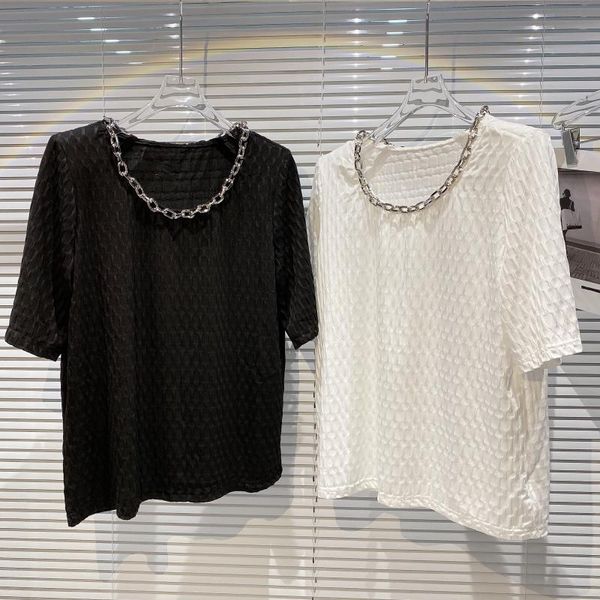 

women's t-shirt embossed fabric metal chain collar short sleeve for women 2021 summer white black