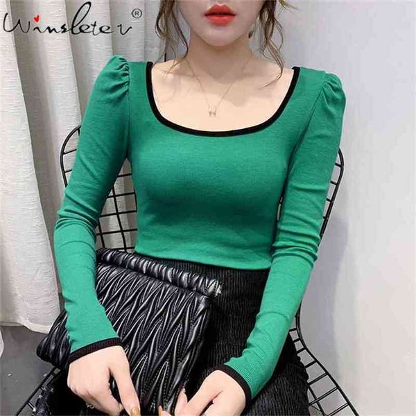 

basic cotton t shirt women multi colors plus size s-3xl square collar bordered puff sleeve tee slim stretchy 210421, Black;gray
