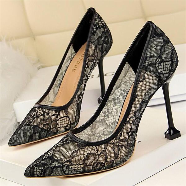 

dress shoes women summer lace wedding high heels pointed toe single fashion female breathable mesh pumps ladies stilettos, Black
