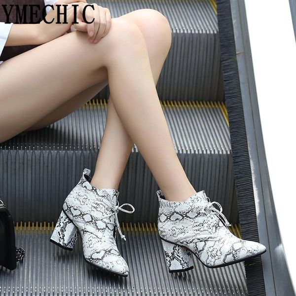 

boots ymechic fashion party block high heel shoes green black snake skin pointed toe lace up ankle rivet women plus size bootie