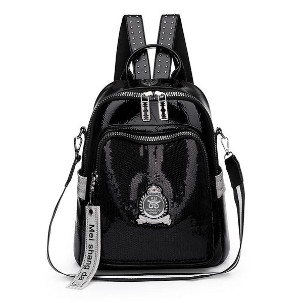

school bags fashion black pu leather sequin badge large capacity women backpack bolso mujer for kawaii sac a dos mini