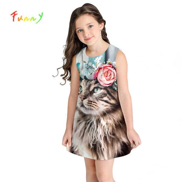 Девушки платье Летние милые кошка принцесса платье девушка цветочные печати без рукавов платья детская одежда 8 10 12 лет Vestidos Q0716