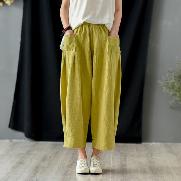 

capris pants 2021 spring elastic waistline color loosed female cotton flax leg shreds, Black;white