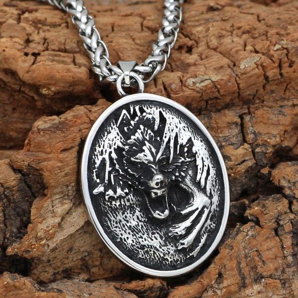 

noridc viking wolf stainless steel necklace for men with valknut gift bag pendant necklaces, Silver