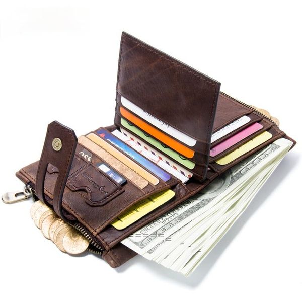 

wallets dropship crazy horse leather 14 cards slots vintage short bifold wallet men with coin pockets holographic, Red;black