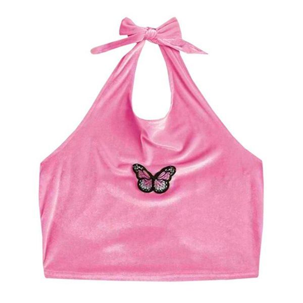 

women's tanks & camis q1qa women velvet butterfly embroidery crop halter bow backless vest, White