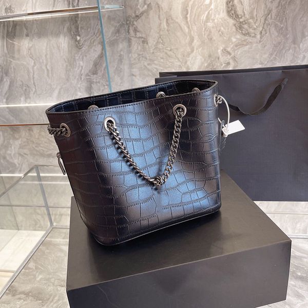 

vintage ages silver chain bucket bags fashion luxury designer oil wax genuine leather stone/alligator drawstring shopping outdoor sacoche ha