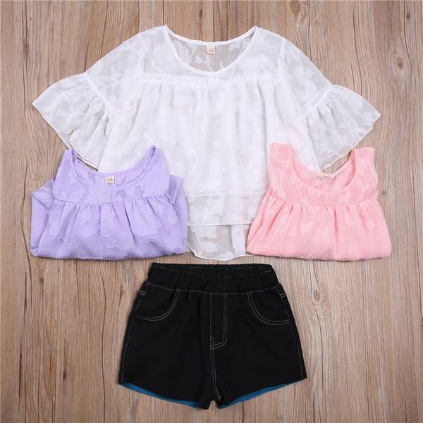 

girl's clothing set flower print short sleeve round neck mesh and denim shorts two-piece suit for birthday party vacation sets, White