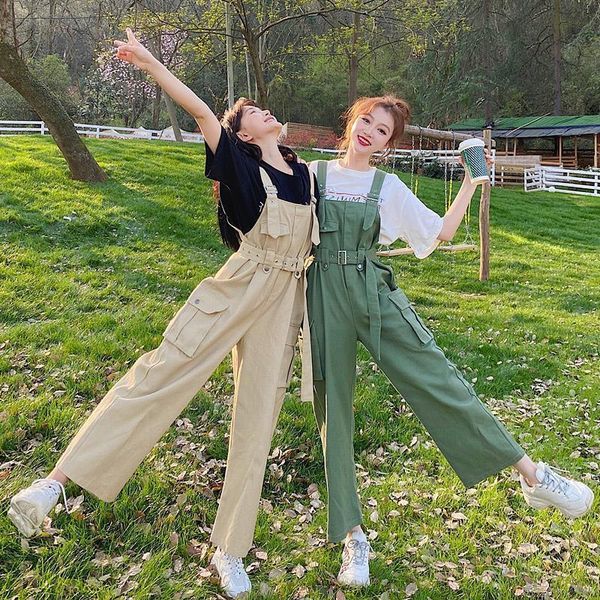 

women's leggings internet celebrity workwear girlfriends suspender pants suit female students korean style loose summer 2021 one-piece, Black