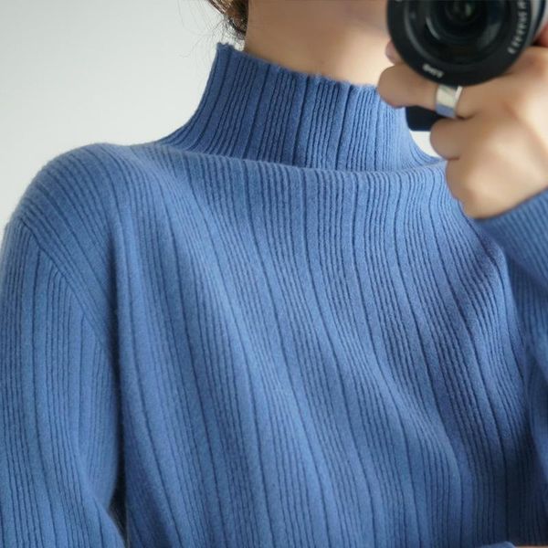 

autumn and winter knitted cashmere sweater female half high collar pullover bottoming shirt solid color loose women's sweaters, White;black