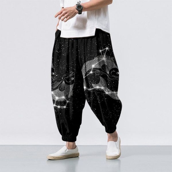 

men's pants oversize 6xl summer constellation printed casual beach harem men hip hop nine points trousers jogger sweatpants, Black