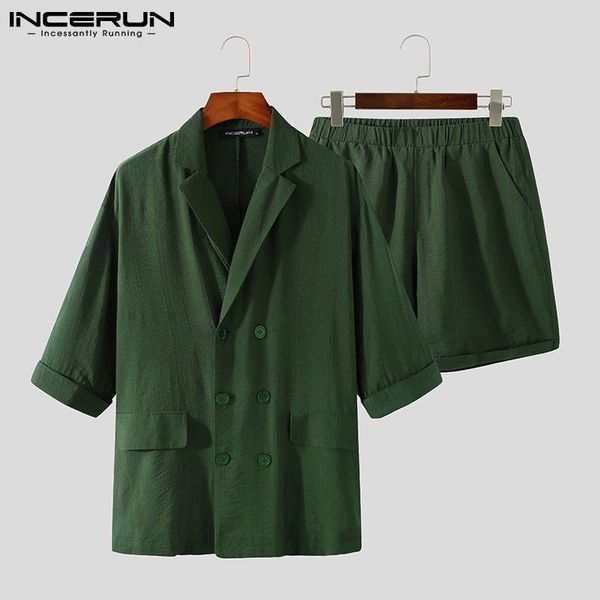 

men's tracksuits incerun 2021 fashion men sets solid color lapel long sleeve double breasted blazer & shorts streetwear casual suits s-, Gray