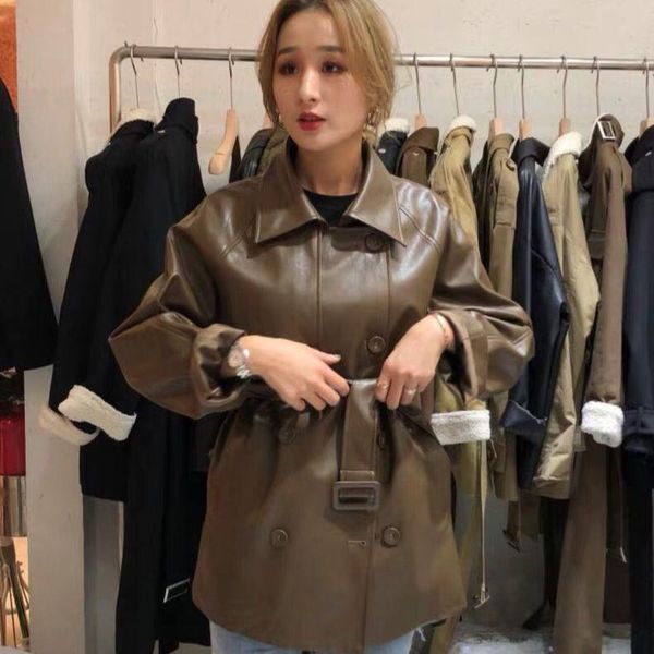 

women's leather & faux 2021 fall and winter clothes korean style lace -up slimming pu mid -length fashion wind coat, Black