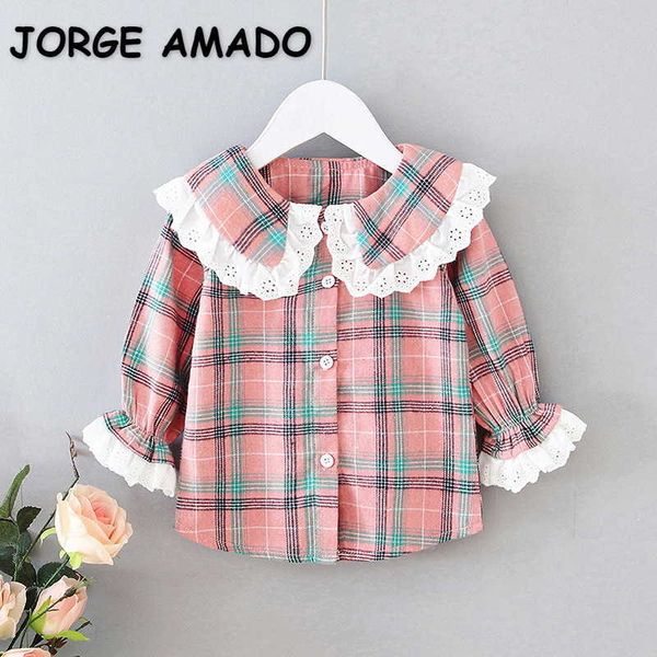 

spring kids girls shirts pink plaid peter pan collar puff sleeves blouses sweet style children clothes e191 210610, White;black