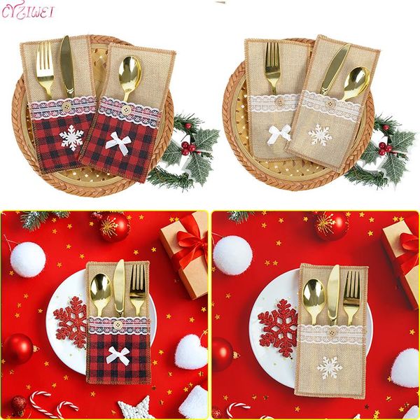 

christmas decorations 1/2pcs fork knife cutlery holder bag plaid linen pocket decor tableware set xma table