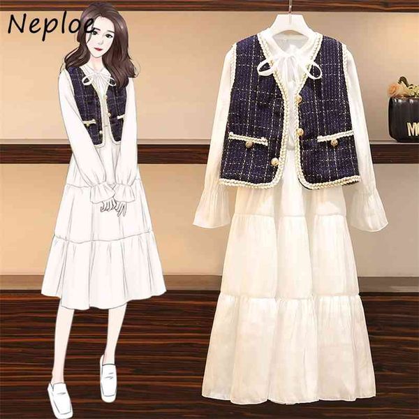 

plus size women's clothing suit autumn chic button v-neck panelled patchwork vest + tie collar dress two piece set 210422, White